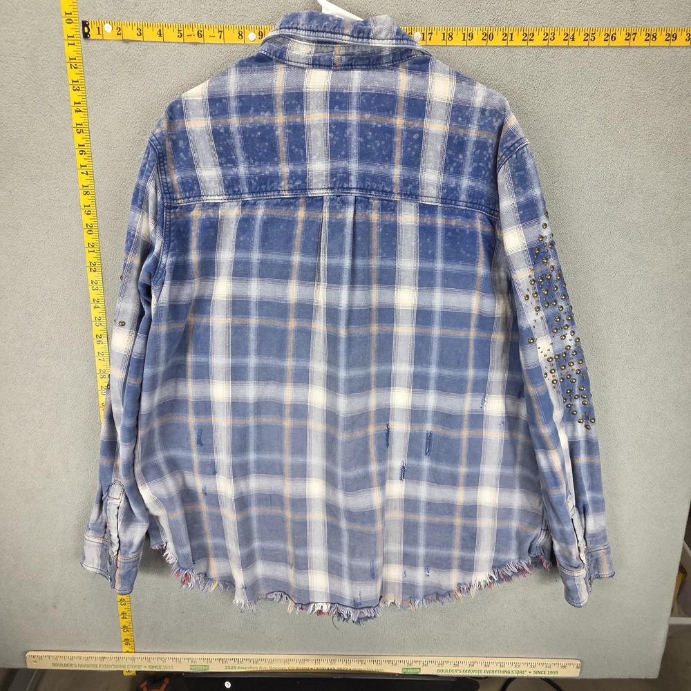 Free People Jacket Womens M Blue Deconstructed Plaid Flannel Studded Zip - Picture 2 of 15
